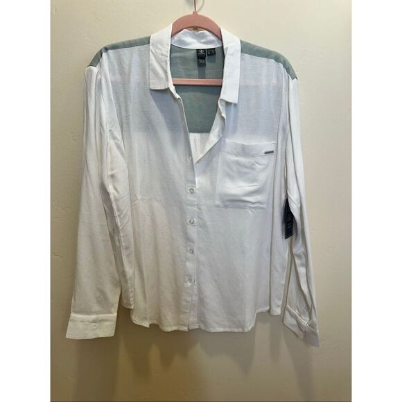 Volcom Coco Ho Yoked Green and White Linen Blend Button Down Top Size Small - Picture 4 of 9
